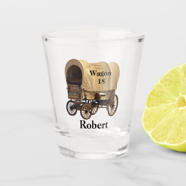 Western Trail Ride  Covered Wagon Personalized Shot Glass (Front)