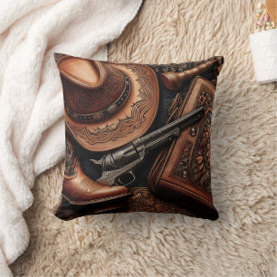 Western Trio: Hat, Boots, Revolver Throw Pillow