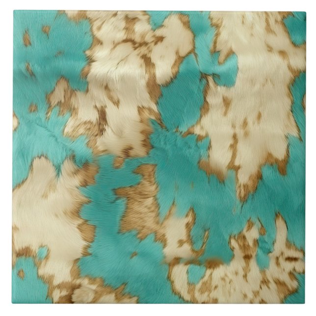 Western Turquoise Cream Cowhide  Tile (Front)