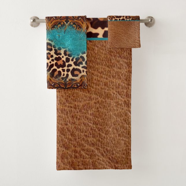 Western Turquoise Glitter Flourish Leather Leopard Bath Towel Set (Insitu)
