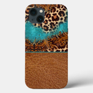 Western Turquoise Glitter Flourish Leather Leopard iPhone 13 Case
