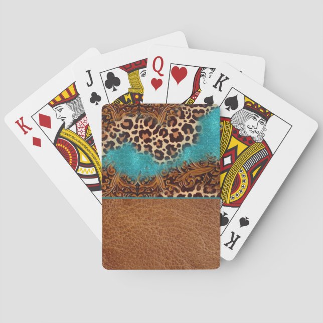 Western Turquoise Glitter Flourish Leather Leopard Playing Cards (Back)