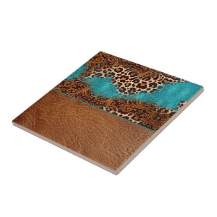 Western Turquoise Glitter Flourish Leather Leopard Tile