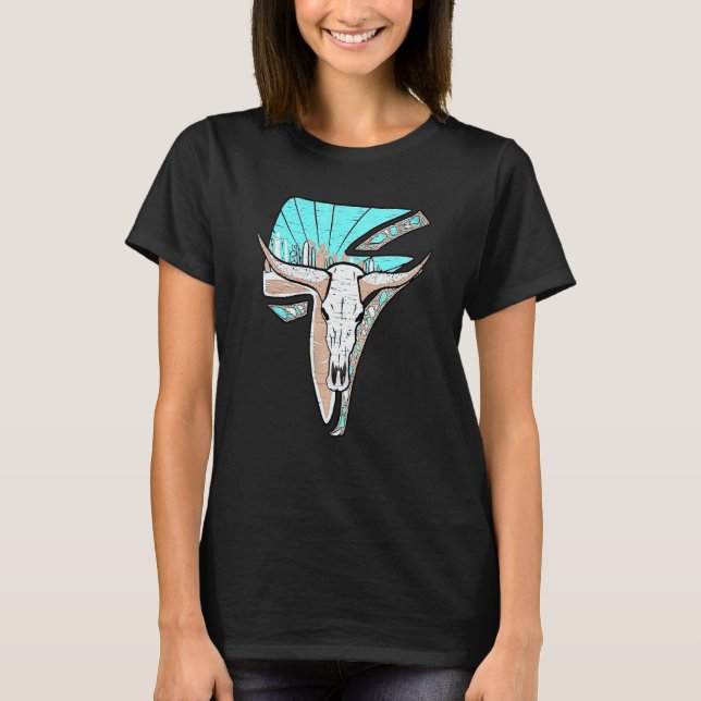 Western Turquoise Rodeo Queen Lightning Cow Skull  T-Shirt (Front)