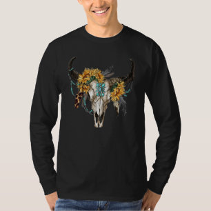Western Turquoise Sunflower Boho Bull Skull T-Shirt