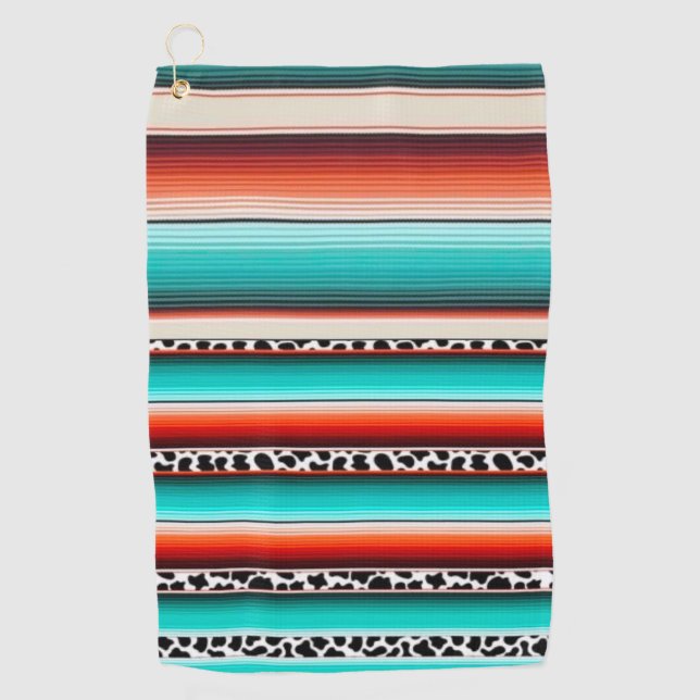 Western Turquoise Terracotta Stripes Cow Print Golf Towel (Front)