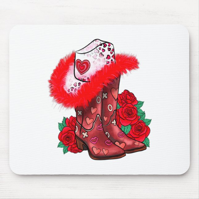 Western Valentines Day Cowgirl Boots Yeehaw Howdy  Mouse Pad (Front)