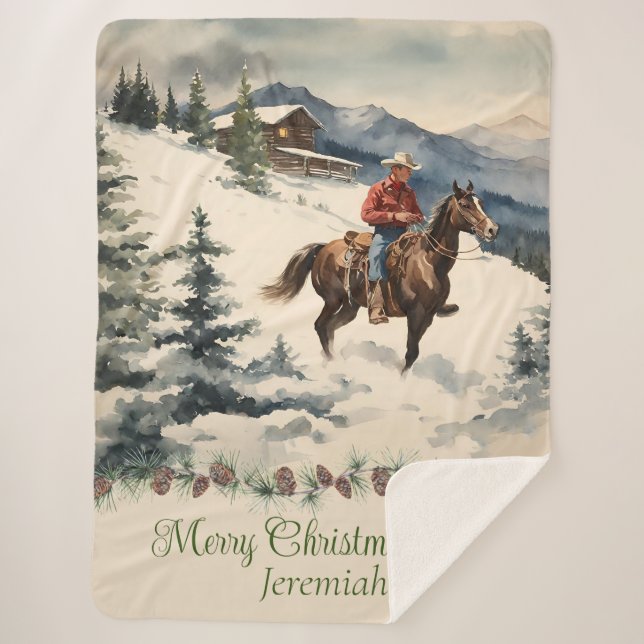 Western Vintage Cowboy Christmas Sherpa Blanket (Front)