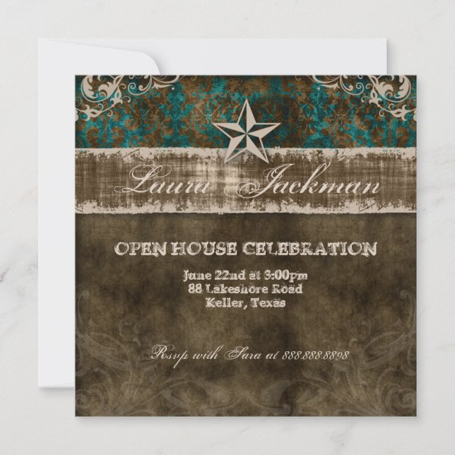 Western Vintage Grad Photo Card Damask Star Teal (Front)