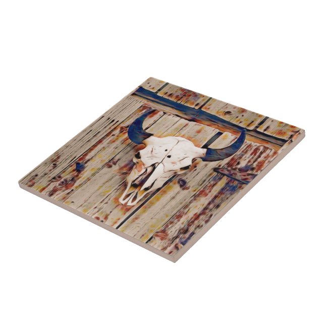 Western Vintage Rustic Bull Skull Brown Barn Tile (Side)