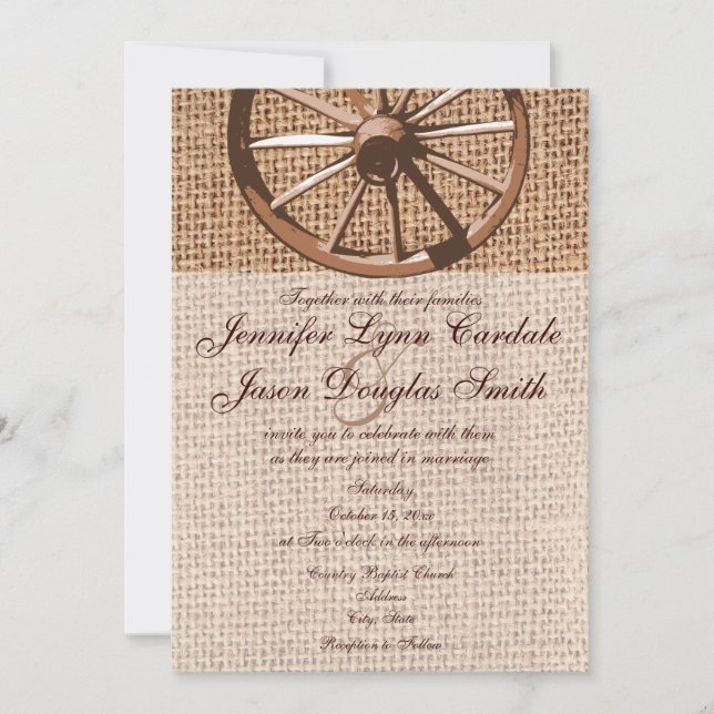 Western Wagon Wheel Burlap Wedding Invitation (Front)