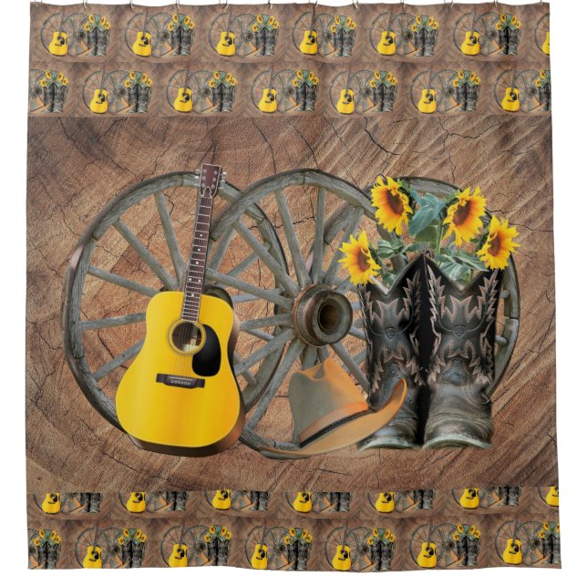 Western Wagon Wheel Guitar Cowboy boots Sunflower  (Front)