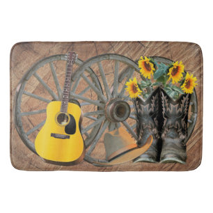 Western Wagon Wheel Guitar Cowboy boots Sunflower Bath Mat