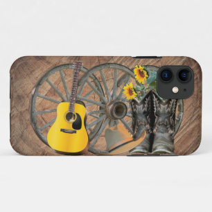 Western Wagon Wheel Guitar Cowboy boots Sunflower  iPhone 11 Case