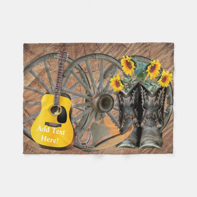 Western Wagon Wheel Guitar Cowboy boots Sunflower  Fleece Blanket (Front (Horizontal))