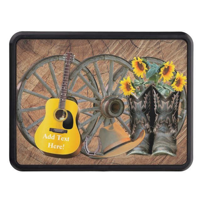Western Wagon Wheel Guitar Cowboy boots Sunflower  Trailer Hitch Cover (Front)