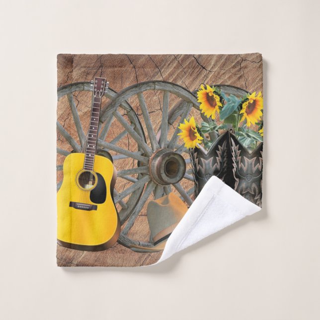 Western Wagon Wheel Guitar Cowboy boots Sunflower  Wash Cloth (Wash Cloth)