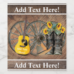 Western Wagon Wheel Guitar Cowboy boots Sunflower Wine Label