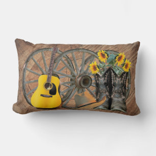 western Wagon Wheel Guitar Cowboy boots Sunflowers Lumbar Pillow