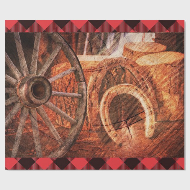 Western Wagon Wheel Horseshoes Rustic Wrapping Paper (Flat)