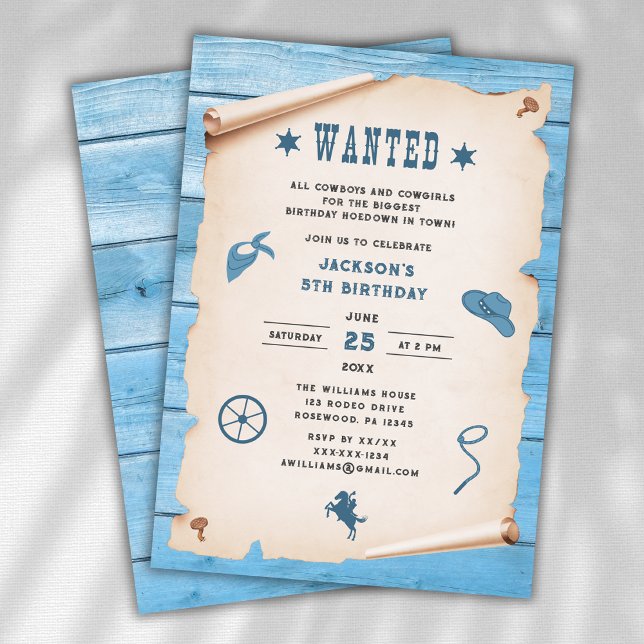 Western Wanted Blue Boy Birthday Invitation (Creator Uploaded)