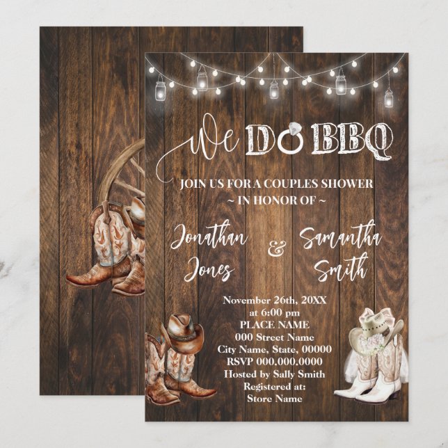 Western We Do BBQ Couples Shower Country Boots Invitation (Front/Back)