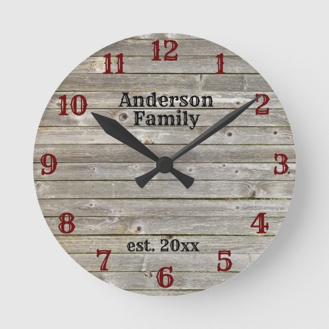 Western Weathered Barn Wood Custom Name Round Clock (Front)