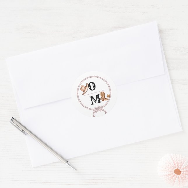 Western Wedding Boots Hat Monogram Classic Round Sticker (Envelope)