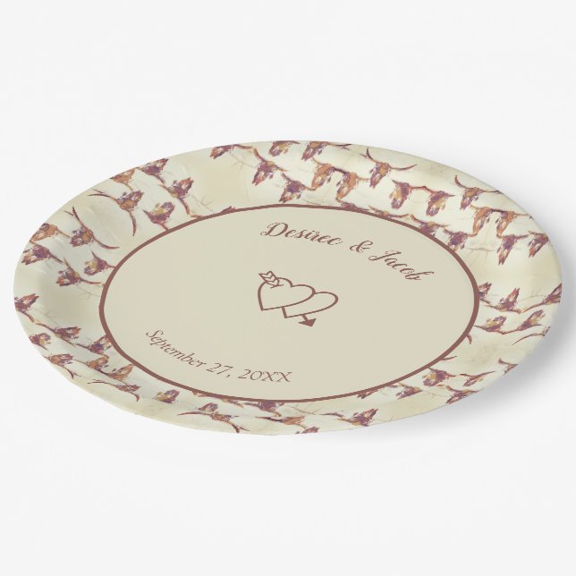 Western Wedding Bull Skull Beige Brown Country Paper Plate (Angled)