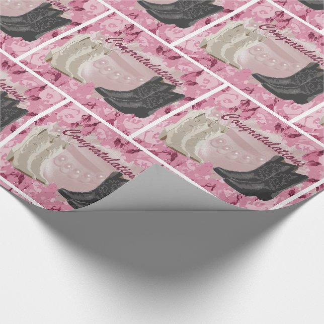 Western Wedding Cowboy Boots An Pink Flo wers Wrapping Paper (Corner)