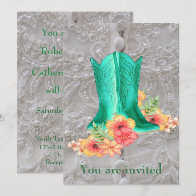 Western Wedding Cowboy Boots Flowers And Lace Invitation (Front/Back)