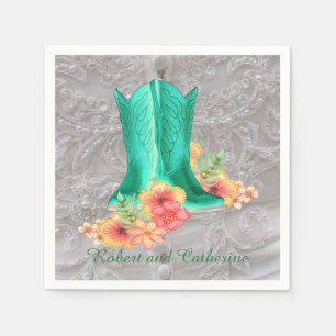 Western Wedding Cowboy Boots Flowers Custom Name Napkin