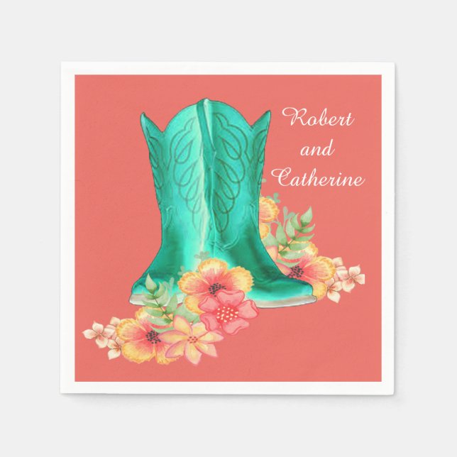 Western Wedding Cowboy Boots Flowers Custom Name Napkin (Front)