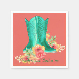 Western Wedding Cowboy Boots Flowers Custom Name Napkin