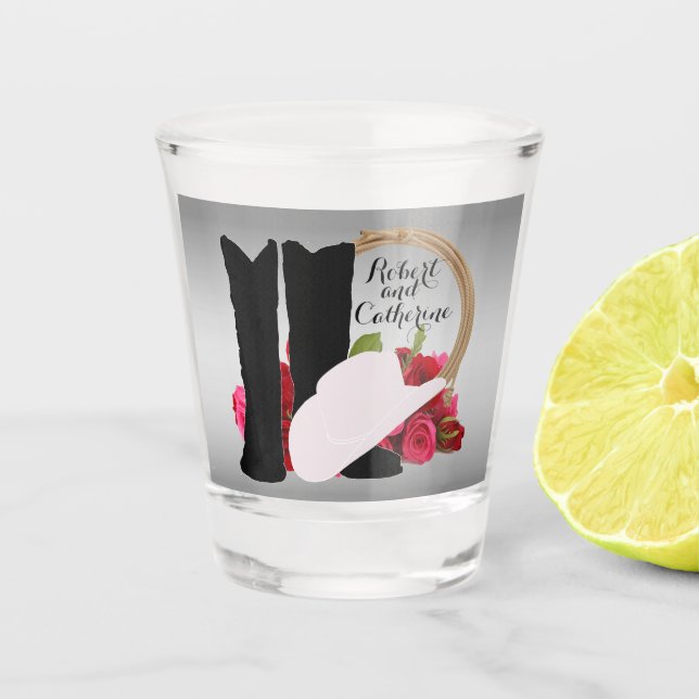 Western Wedding Cowboy Boots Hat Roses Personalize Shot Glass (Front)