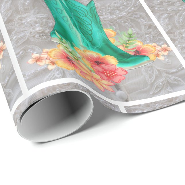 Western Wedding Cowboy Boots On Lace Background Wrapping Paper (Roll Corner)