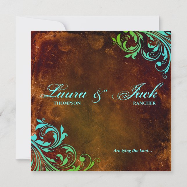 Western Wedding Invitation Vintage Brown Blue (Front)