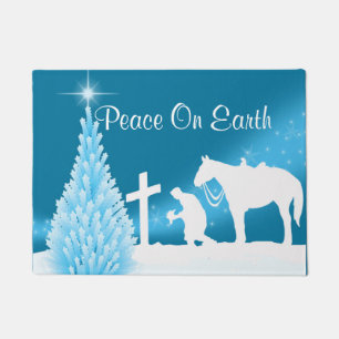 Western Welcome Cowboy Praying Winter Scene Doormat