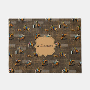 Western Welcome Rodeo Events On Brown Personalize Doormat