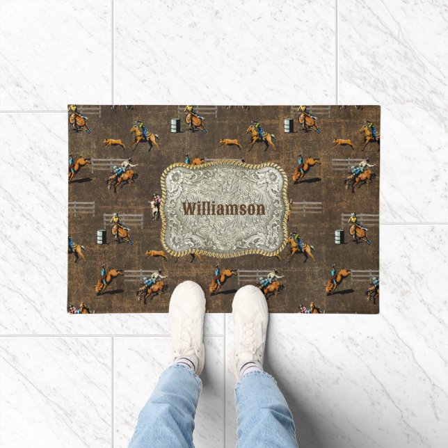 Western Welcome Rodeo Events On Brown Personalize Doormat (Indoor)
