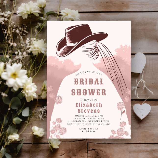 Western Wildflowers Rustic Pink Chic Bridal Shower Invitation (western bridal shower invitation prairie wildflowers cowgirl cowboy hat dusty pink modern elegant)
