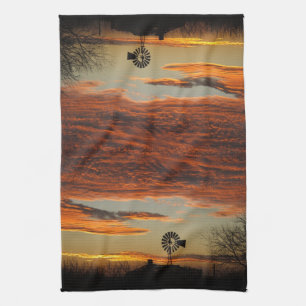 Western Windmill Sunset Kitchen Towel