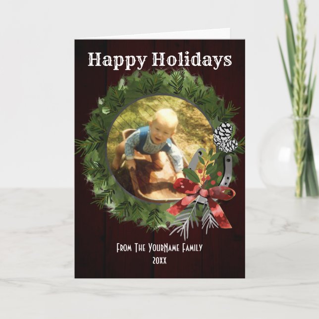 Western Wreath Photo Personalized Holiday Card (Front)