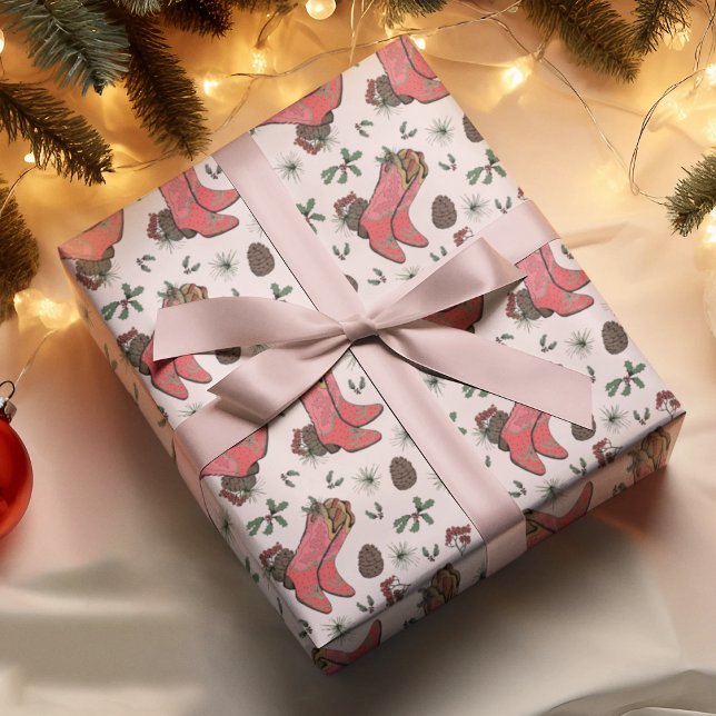Western Xmas Cowboy Boots, Pinecones & Berries Wrapping Paper (Pink Country Xmas Cowgirl Boots, Pinecones, Holly Berries & Pine. Hand-Drawn Illustrations. )