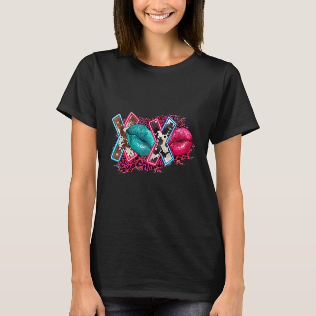 Western Xoxo Lip Cowhide Leopard Valentine's Day T-Shirt (Front)