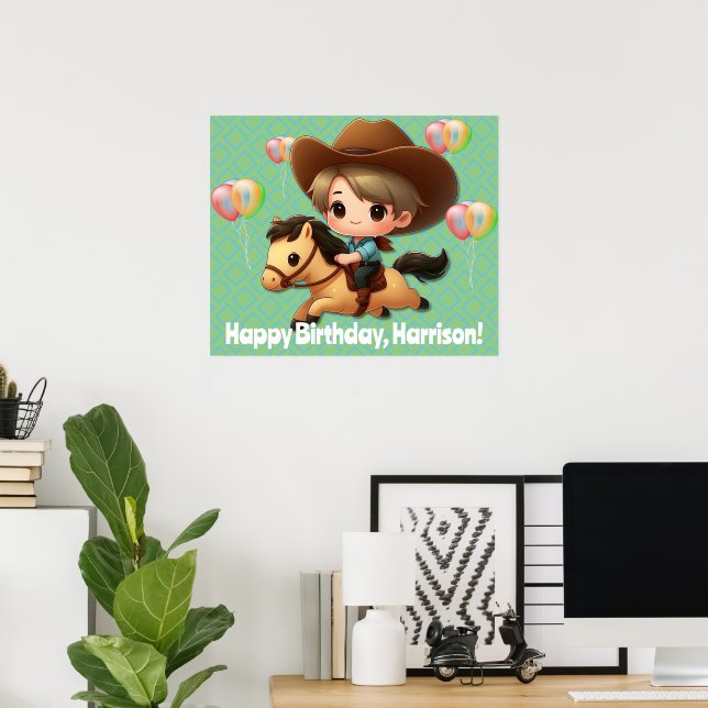 Western Young Cowboy on Horseback Birthday Poster (Home Office)