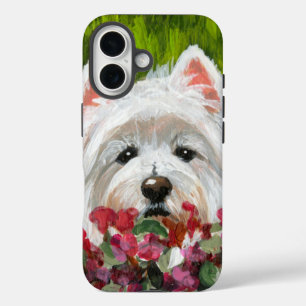 Westie and Pink Flowers iPhone 16 Case