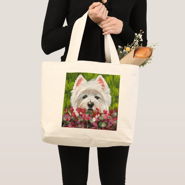 Westie and Pink Flowers Large Tote Bag (Front (Product))