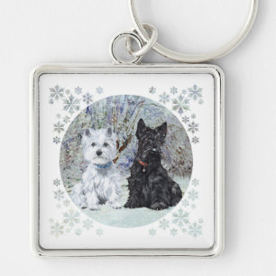 Westie and Scottie in Snowy Landscape Keychain