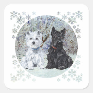 Westie and Scottie in Snowy Landscape Square Sticker